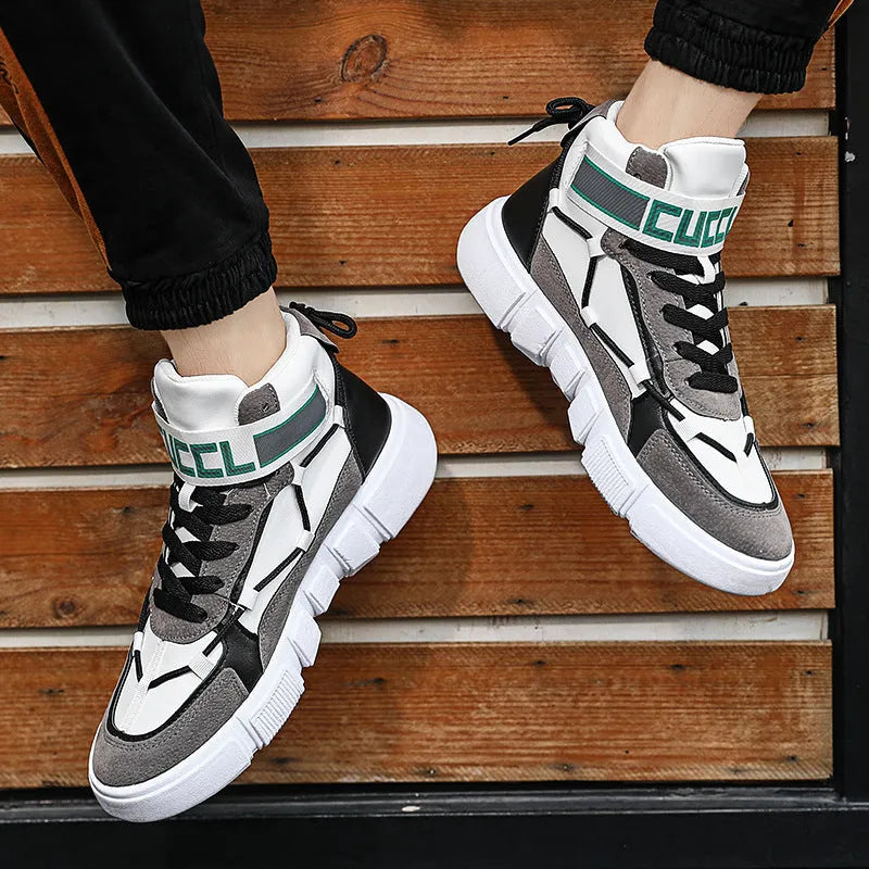 Men's high-top casual sports shoes in white grey or black and red, artificial PU upper, rubber sole, sizes 39-44