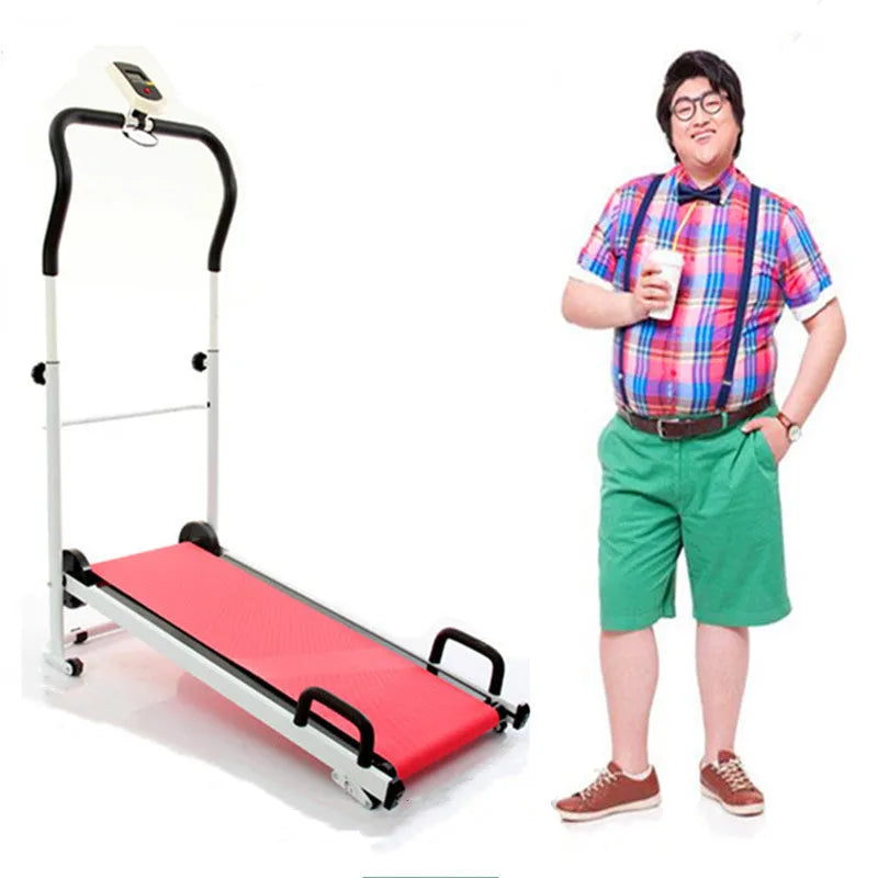 Multi-purpose folding walking machine in grey with compact dimensions, foldable frame, and contact heart rate sensors on handlebars