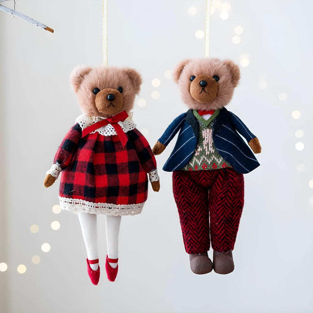 Plush couple bear doll set with plaid suits in gentleman and princess bear variants