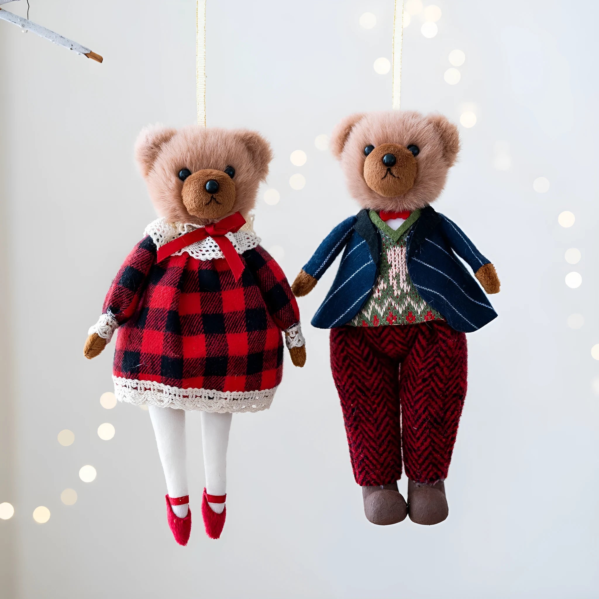 Plush couple bear doll set with plaid suits in gentleman and princess bear variants