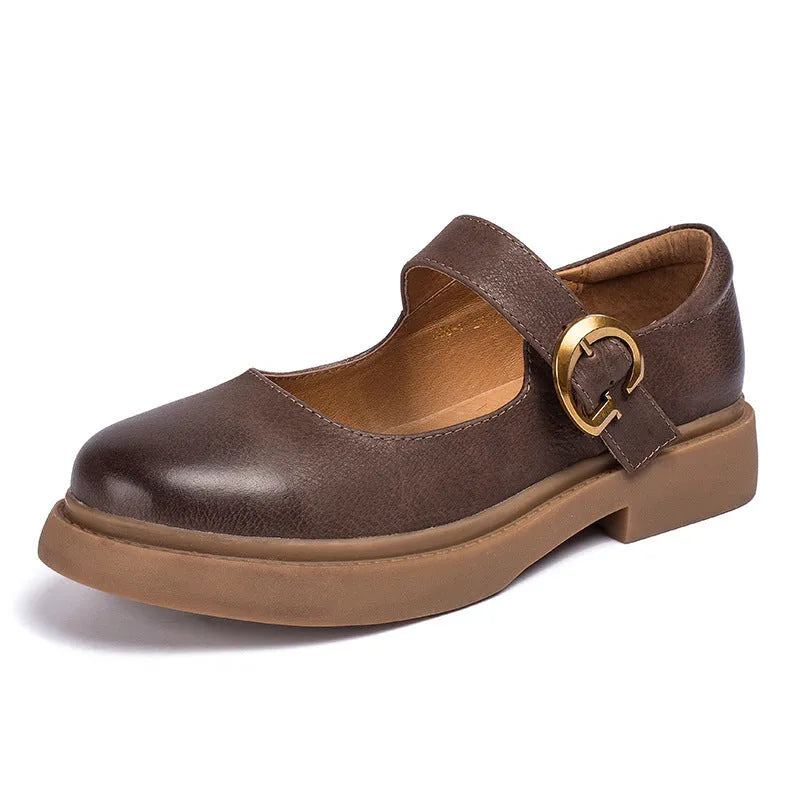 Vintage Mary Jane women's leather shoes with buckle, low heel, round toe in black