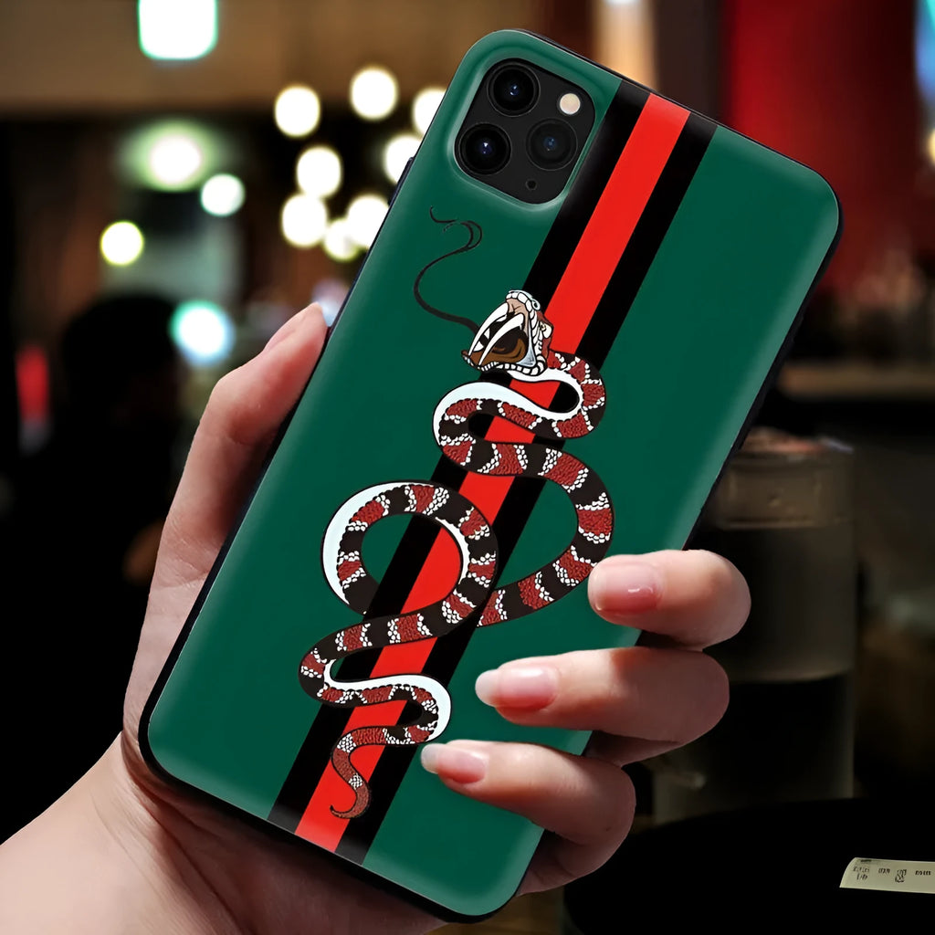 Black frosted iPhone case with cartoon snake design on back, slim TPU construction