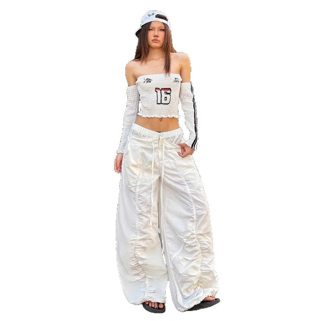 White ruffle drawstring lace letters embroidered slacks with high waist and multiple pockets