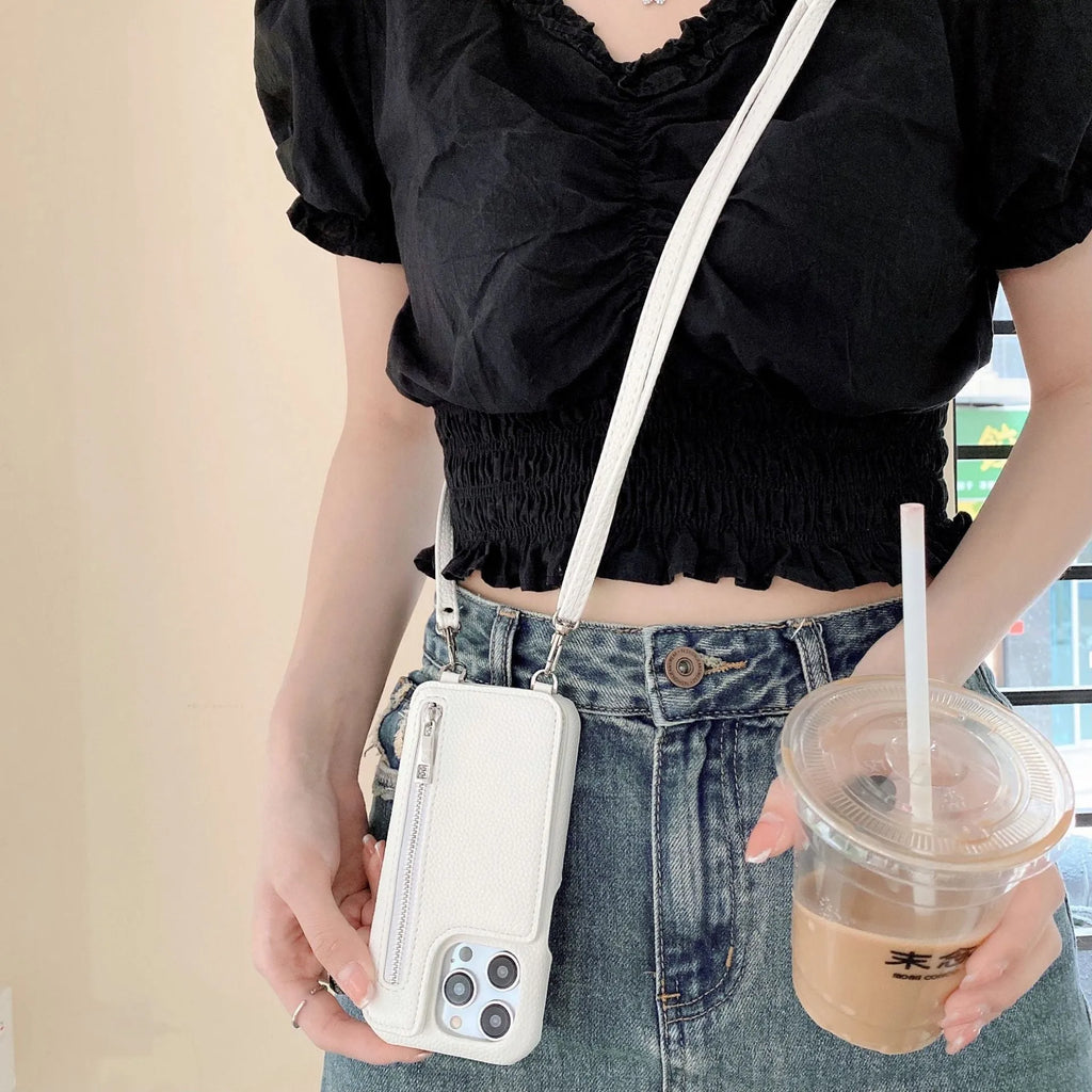 Lychee pattern imitation leather two-fold phone case with card slots and mirror, crossbody strap, for iPhone