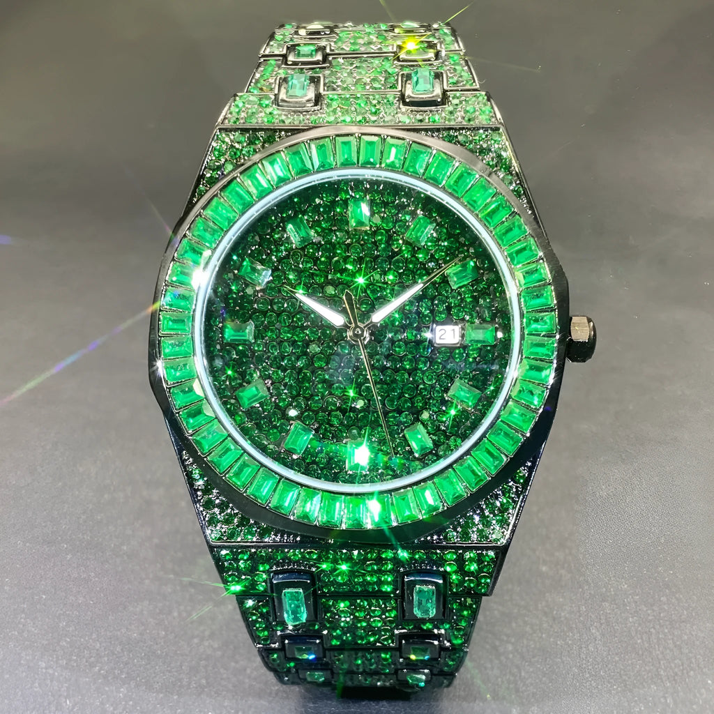 Green full rhinestone hip hop quartz watch for men with alloy case and 13mm thickness