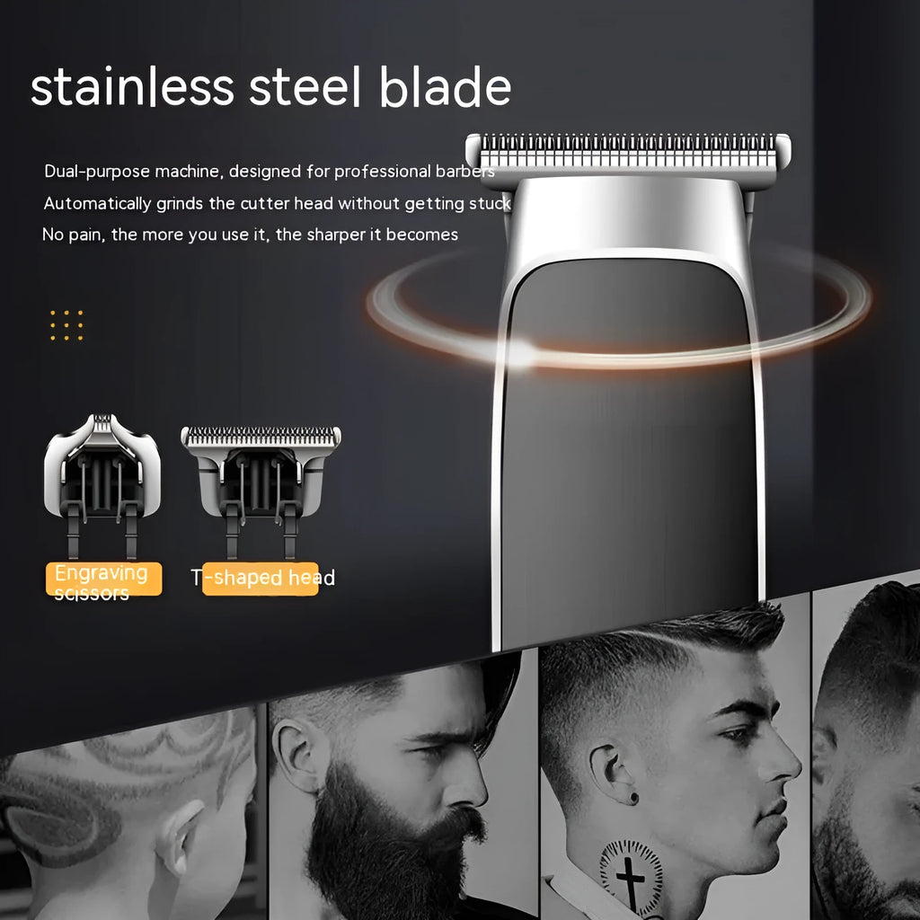 USB rechargeable electric hair clipper with digital display and double cutter head including T-shaped blade and carving cutter