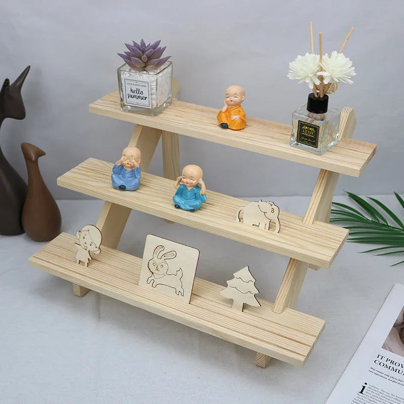 Multi-layer wooden stepped shelf, floor-standing, in Natural Wood Colour or Walnut Colour, 2 to 5 tiers