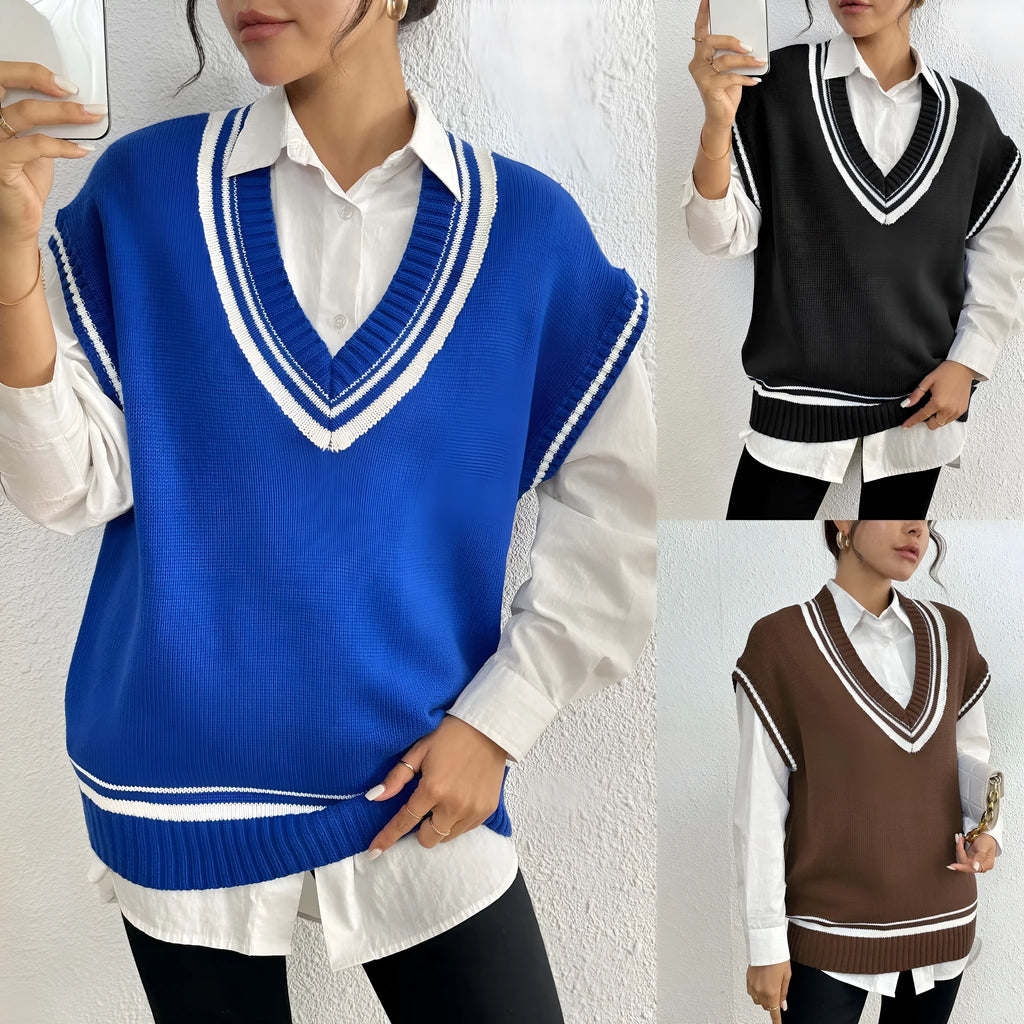 Women's loose-fit acrylic college-style pullover vest sweater in black, blue, or coffee.