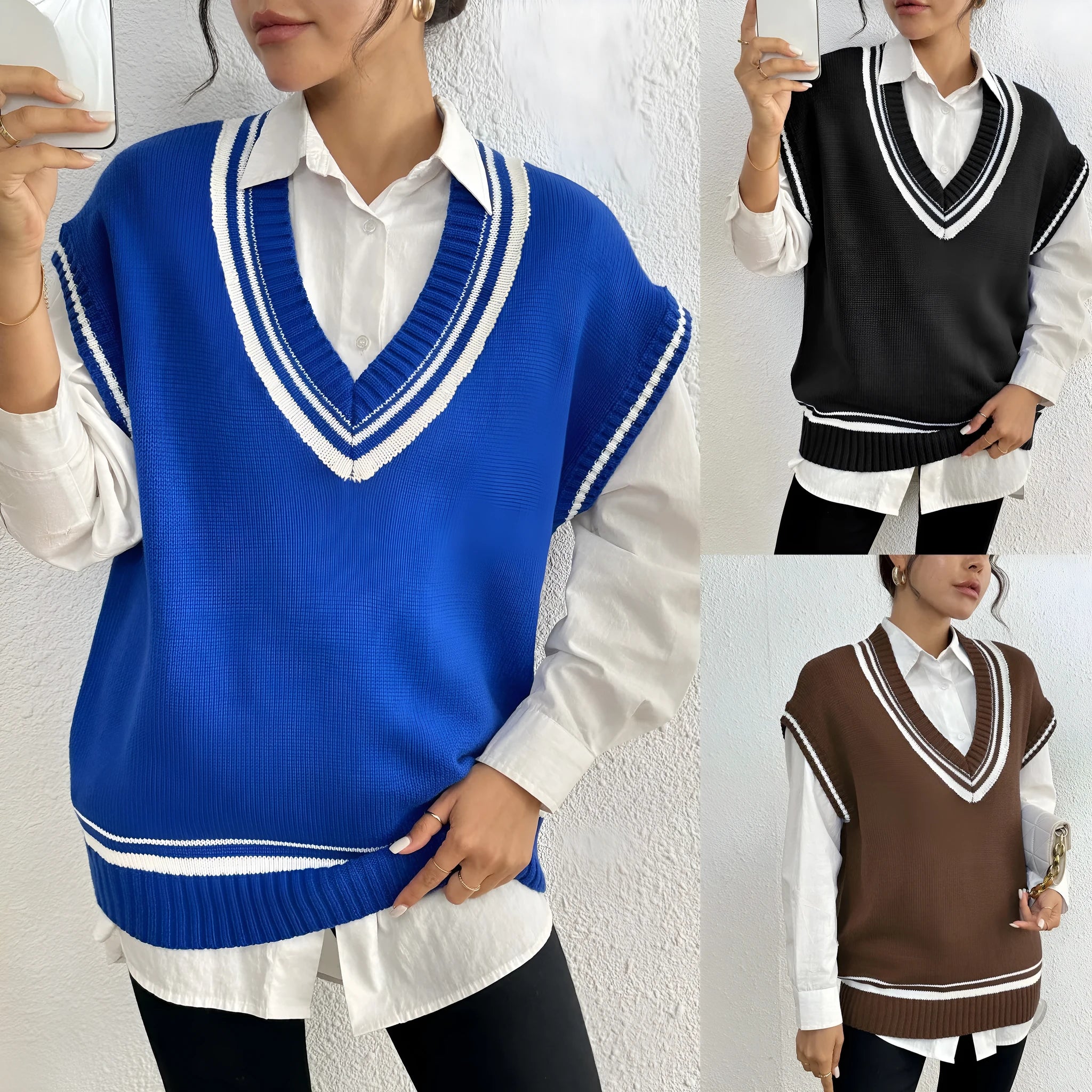 Women's loose-fit acrylic college-style pullover vest sweater in black, blue, or coffee.
