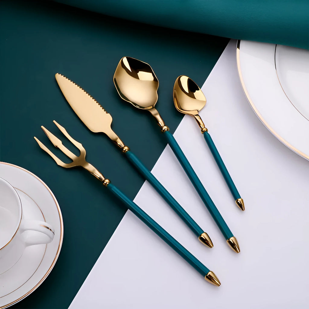 Stainless steel 4-piece cutlery set with knife, fork and two spoons in green gold, blue gold, black gold, white gold, natural, gold or rose gold.