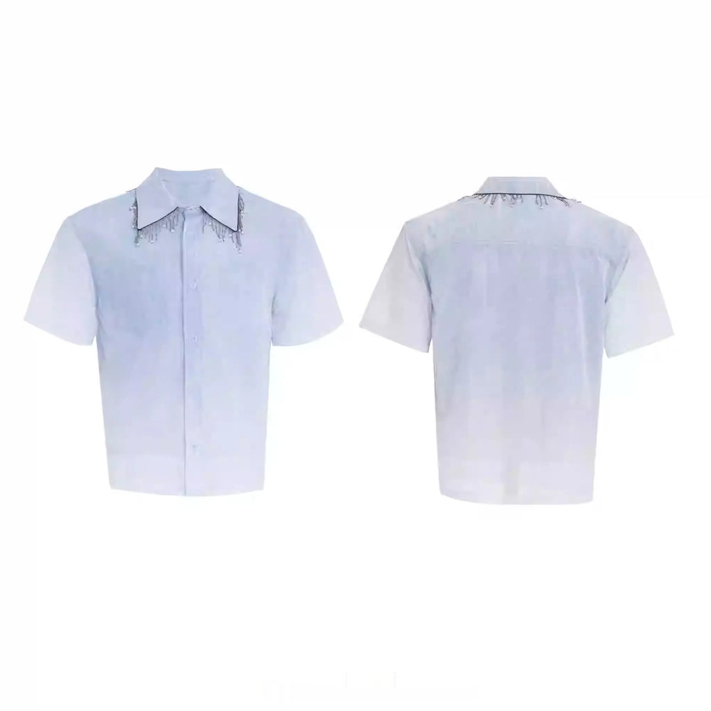 Blue and white gradient loose short shirt with half sleeves on a hanger.