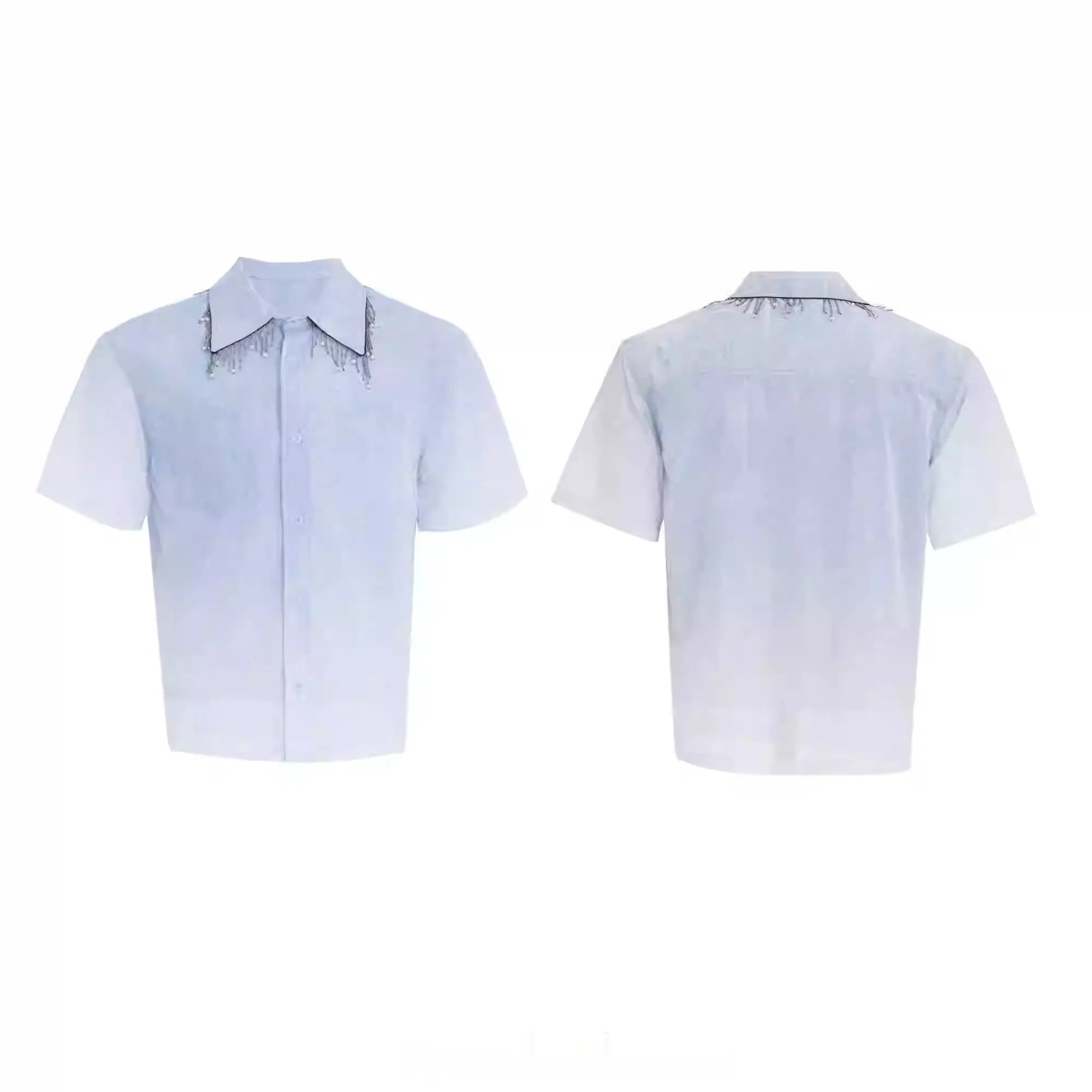 Blue and white gradient loose short shirt with half sleeves on a hanger.