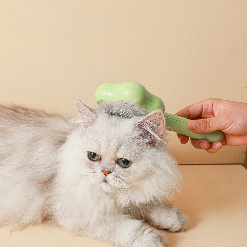 Green self-cleaning stainless steel cat comb for pet grooming on a white background