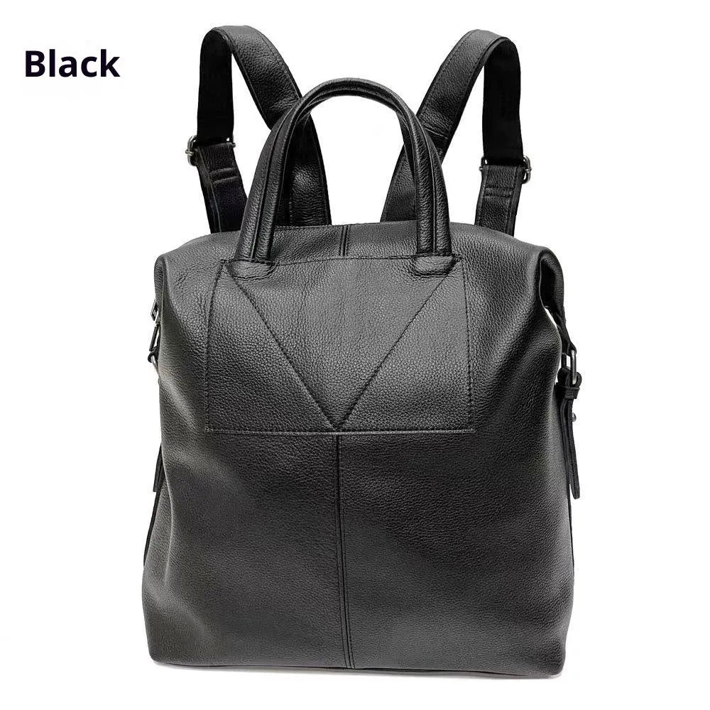 Universal black first layer cowhide leather backpack with polyester lining, stitching details, below 20L capacity