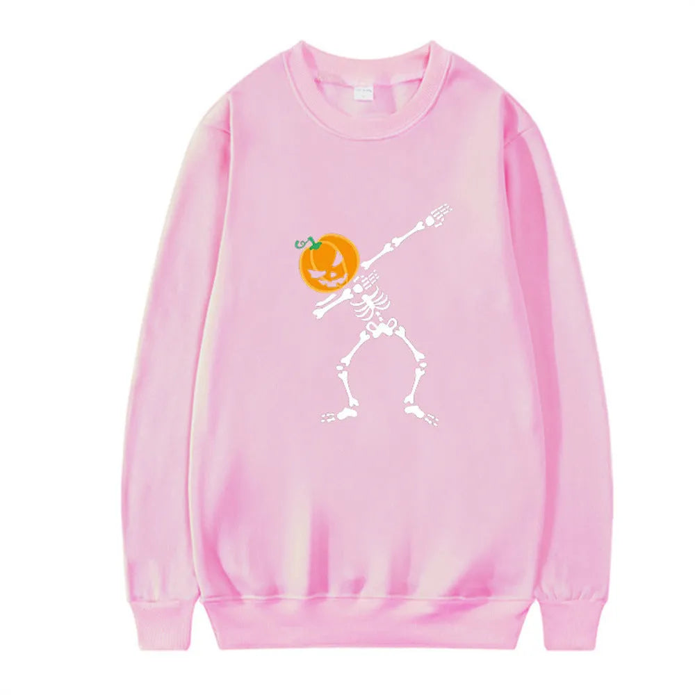 Women's printed long sleeve crew neck top in various colours on a hanger.