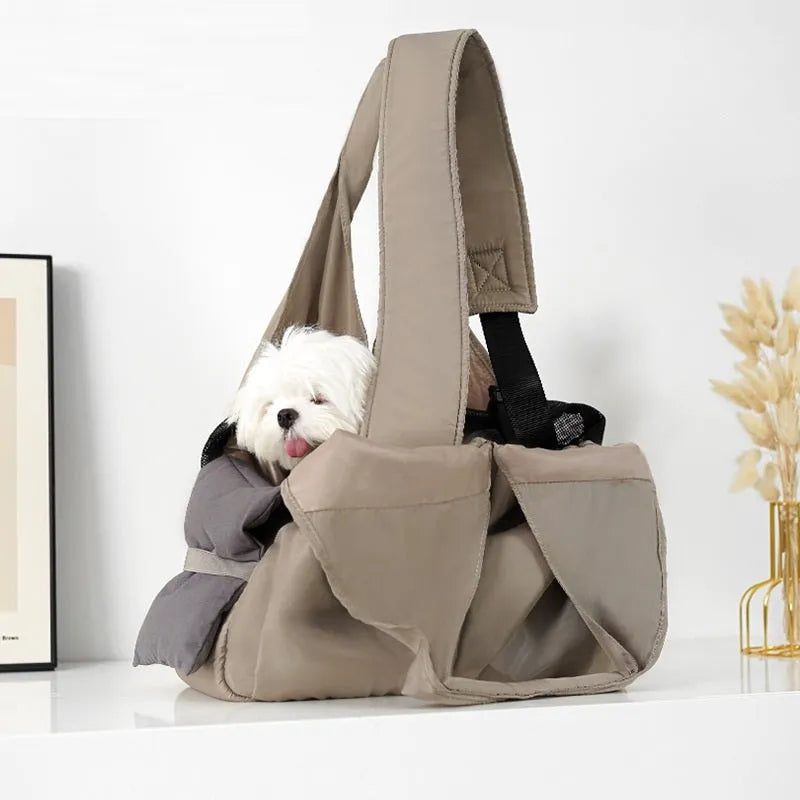 Apricot cloth pet summer handbag with adjustable strap, dimensions 41x16x28cm.