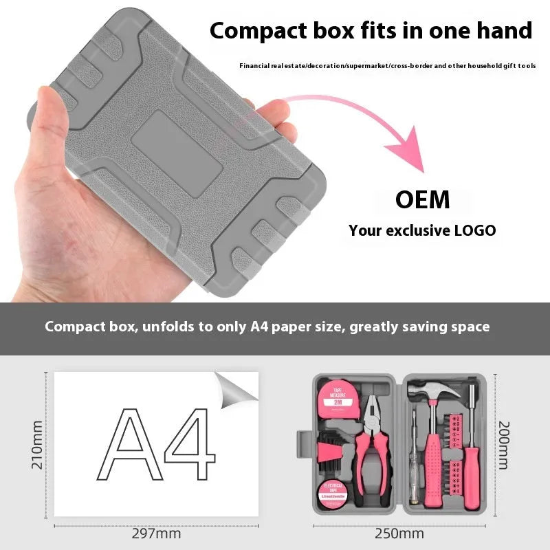 Multifunctional household maintenance toolbox set with carbon steel tools in pink or yellow for home decoration and property maintenance