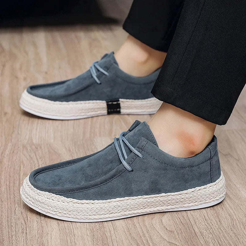 Men's handmade cloth low-top casual pumps in solid colour with round toe and flat heel