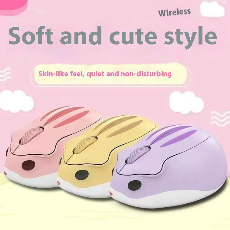 Compact wireless Bluetooth mute mouse shown in grey, pink, and yellow colour options