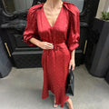 French style polka dot satin dress with V-neck, long fishtail skirt, and shirt sleeves in print pattern