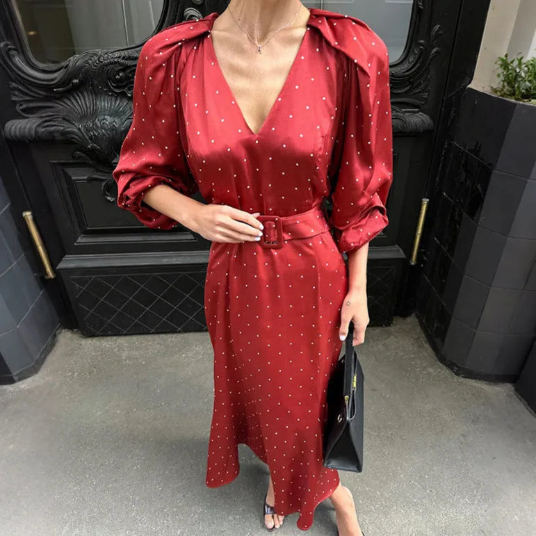 French style polka dot satin dress with V-neck, long fishtail skirt, and shirt sleeves in print pattern