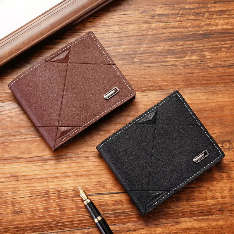 Men's three-fold horizontal PU leather wallet with multiple card slots in black, brown or dark coffee