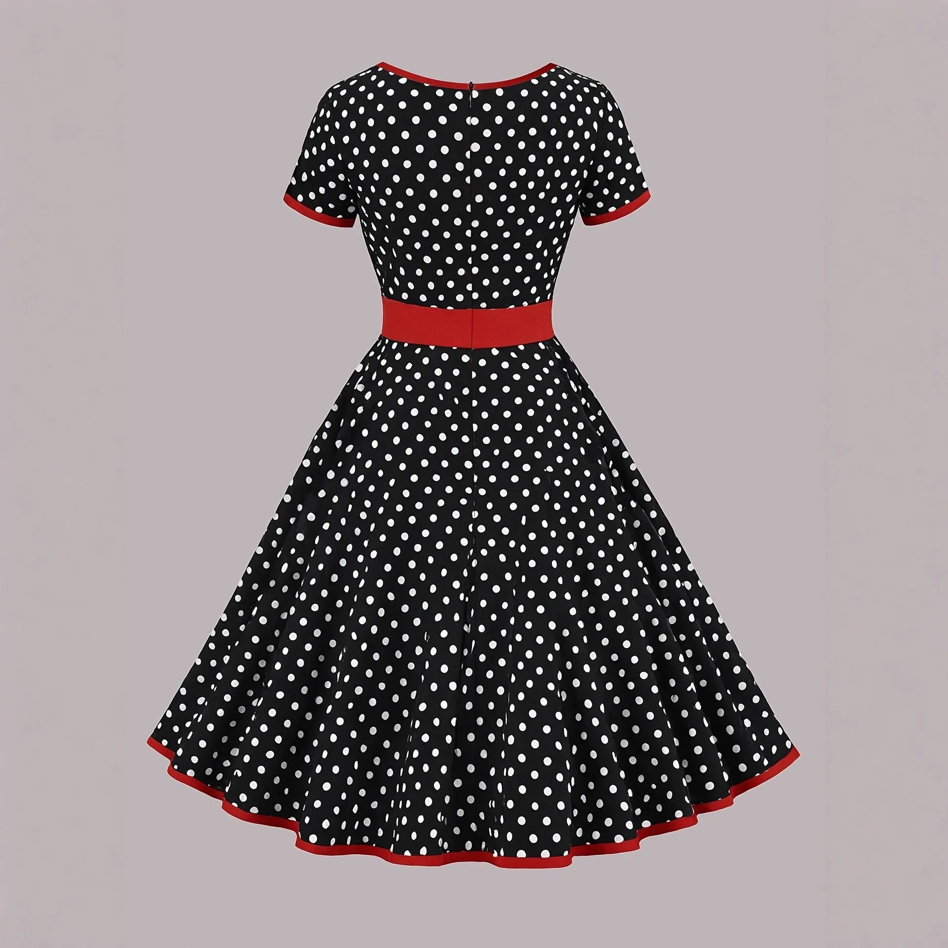 Multicolour polka dot dress with square neckline, short sleeves, front zip, and a pleated midi skirt.