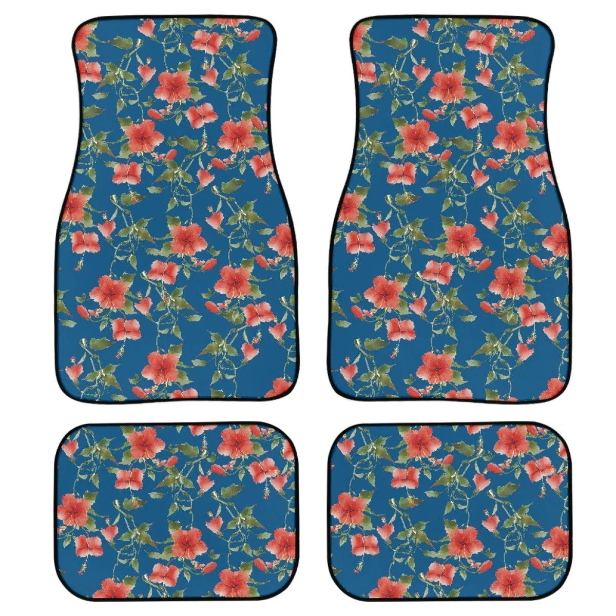 Black universal fit rubber car floor mats set of four with textured surface, shown in a vehicle footwell.