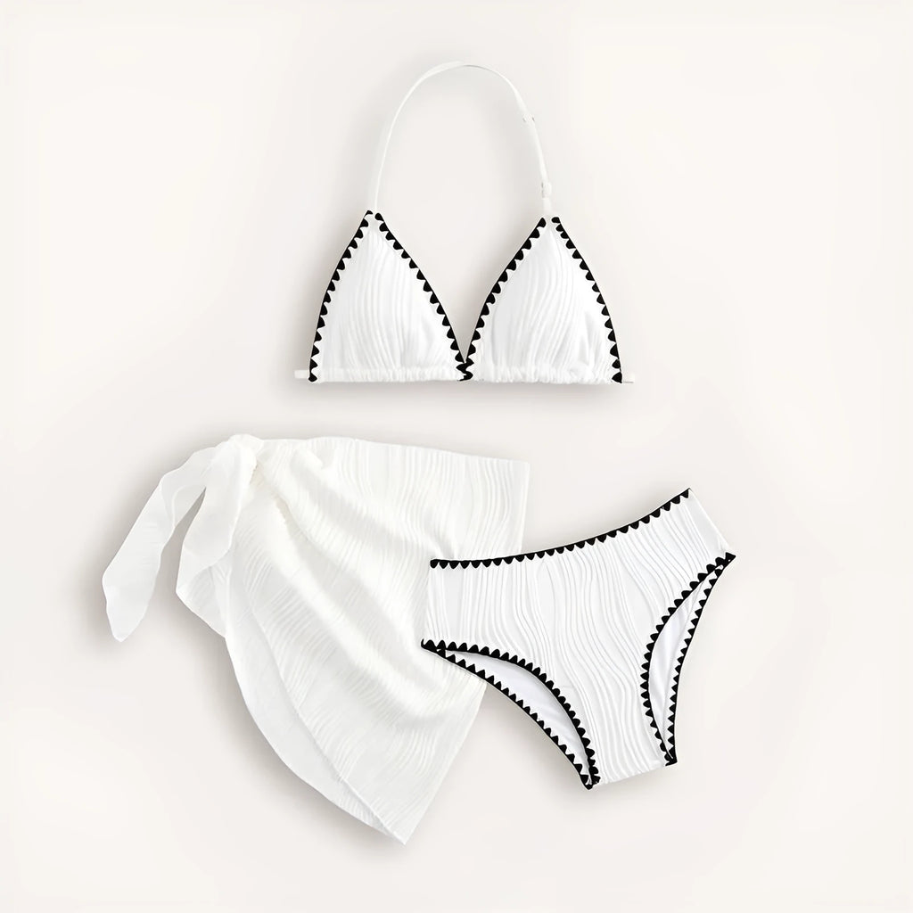 Girls white three-piece solid colour swimsuit set top pants and skirt for beach pool ages 8 to 12