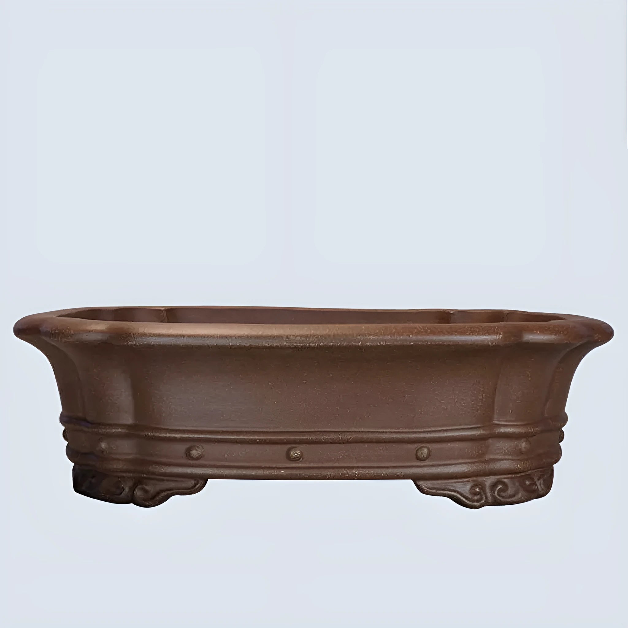 Purple sand clay rectangular flower pot with plain antique finish, shown empty.