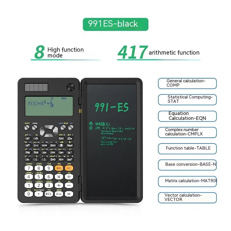 Black 2 in 1 foldable scientific calculator with handwriting LCD notepad on a desk