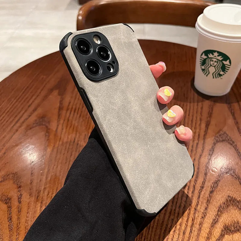 Simple solid colour fur phone case in black for iPhone, imitation leather texture with slim design