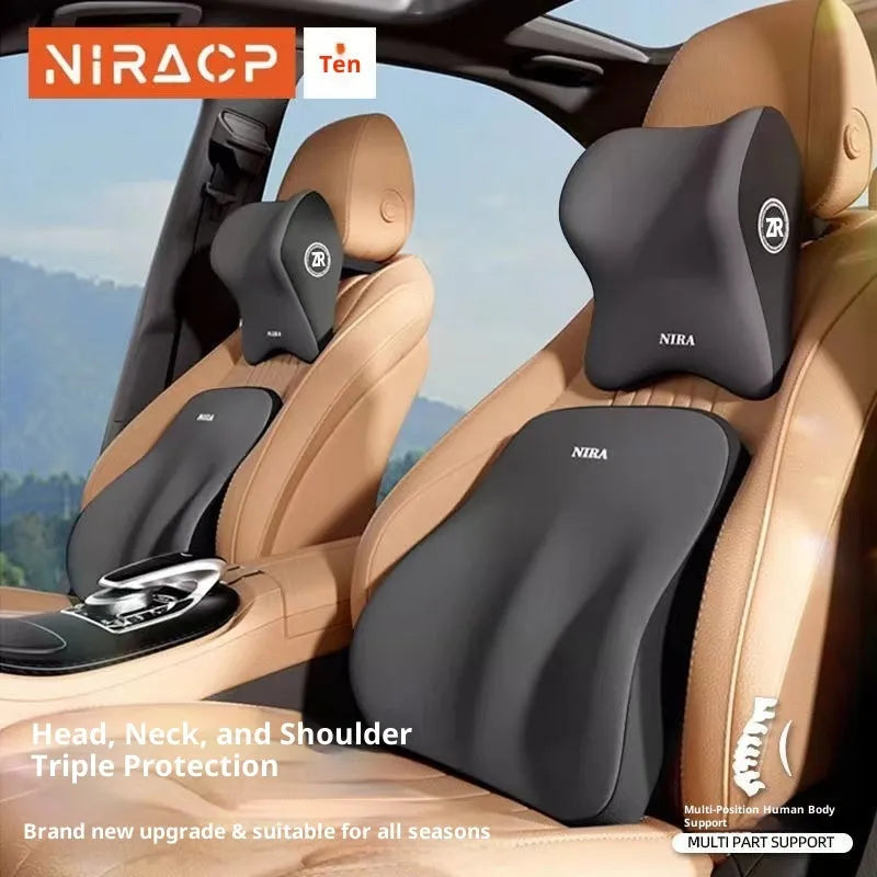 Memory foam headrest and lumbar support cushion set for car, available in black, pink, blue, gray, coffee, dark gray