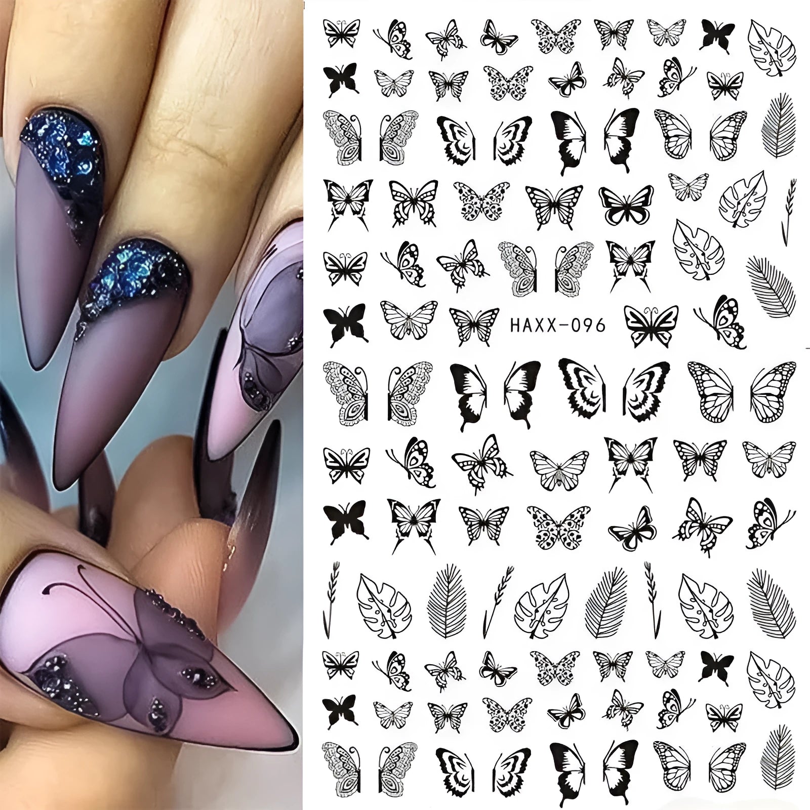 Black butterfly nail stickers with white flower and gold accents on a manicured hand, adhesive decal set