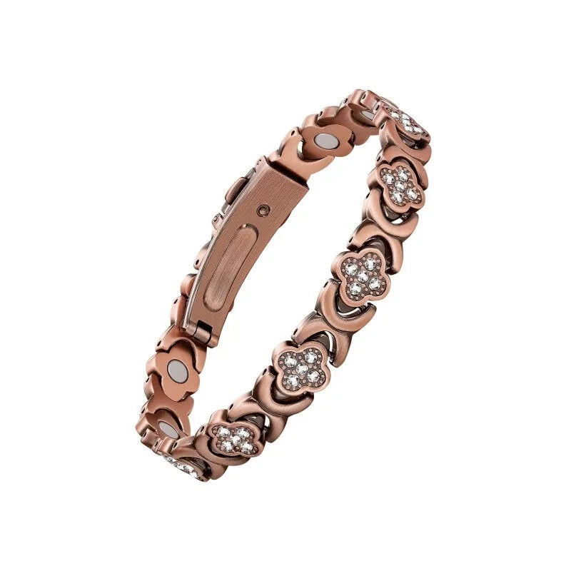 Clover magnet bracelet, zinc alloy flower shape with single row diamond-set stones and magnetic clasp, unisex, Style 4 or Style 5