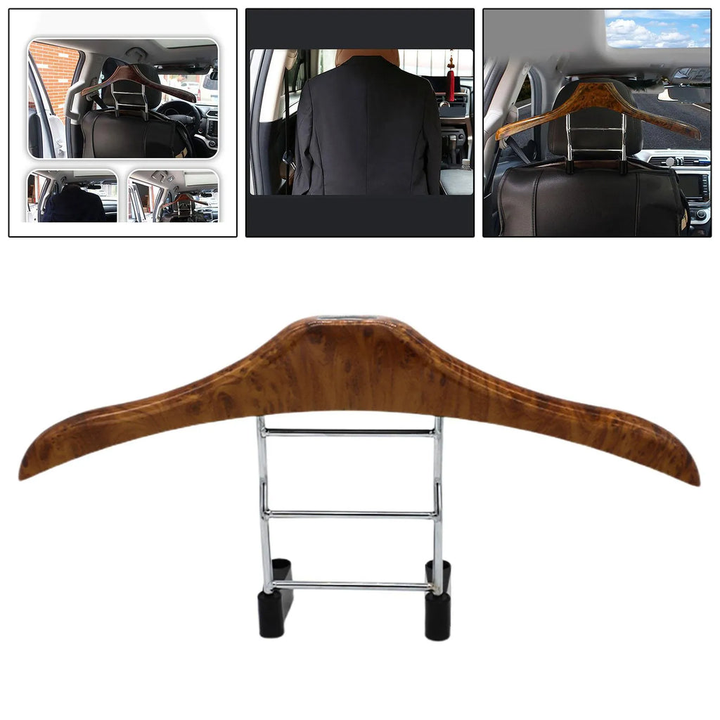Wood yellow stainless steel car clothes hanger mounted on vehicle headrest