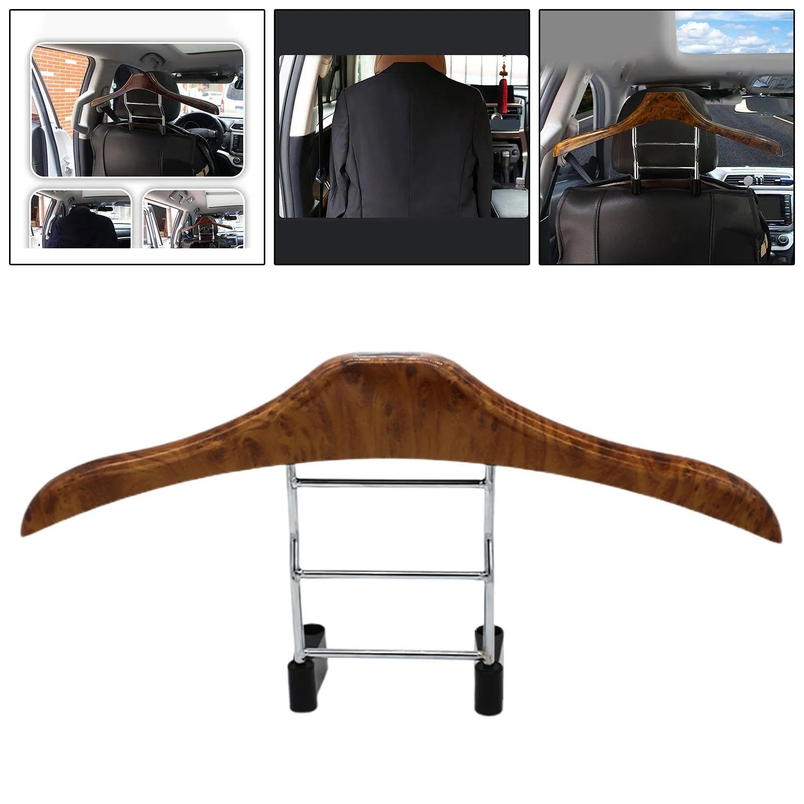 Wood yellow stainless steel car clothes hanger mounted on vehicle headrest