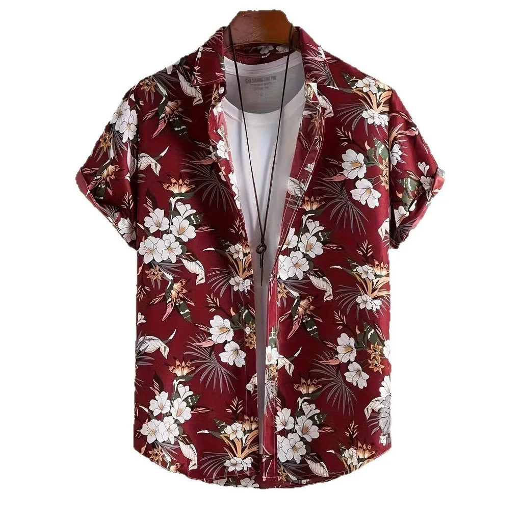 Men's floral pattern short sleeve shirt in loose cardigan style with elastic polyester fabric