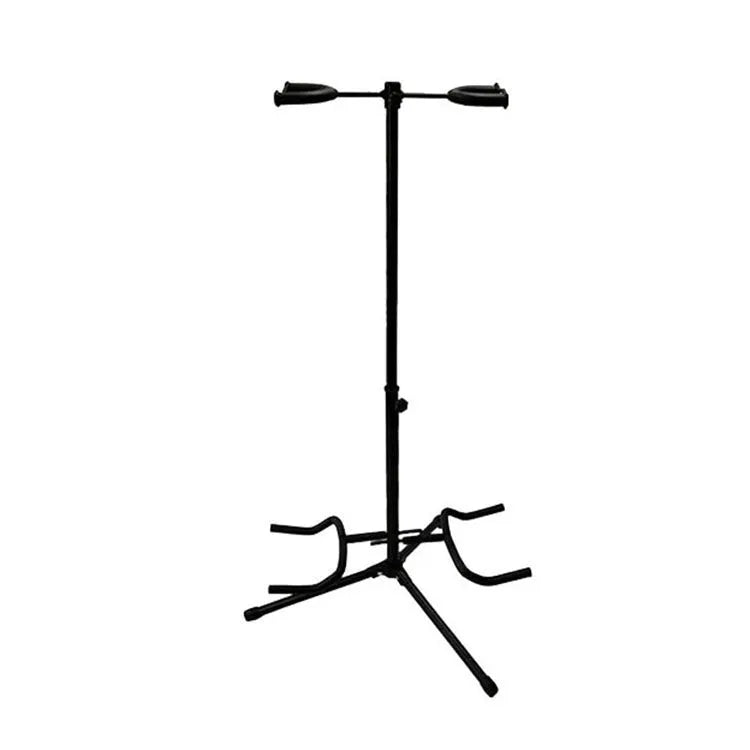 Black iron vertical double-headed guitar stand holding two guitars
