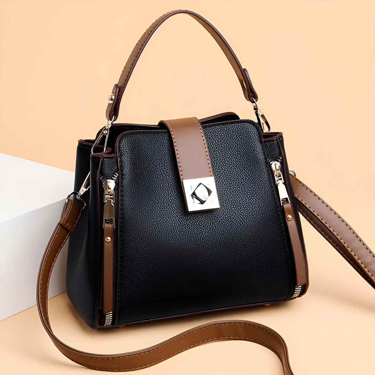 Women's large-capacity PU crossbody bucket bag with three-dimensional outer pocket and splicing detail, shown in black, red, or blue