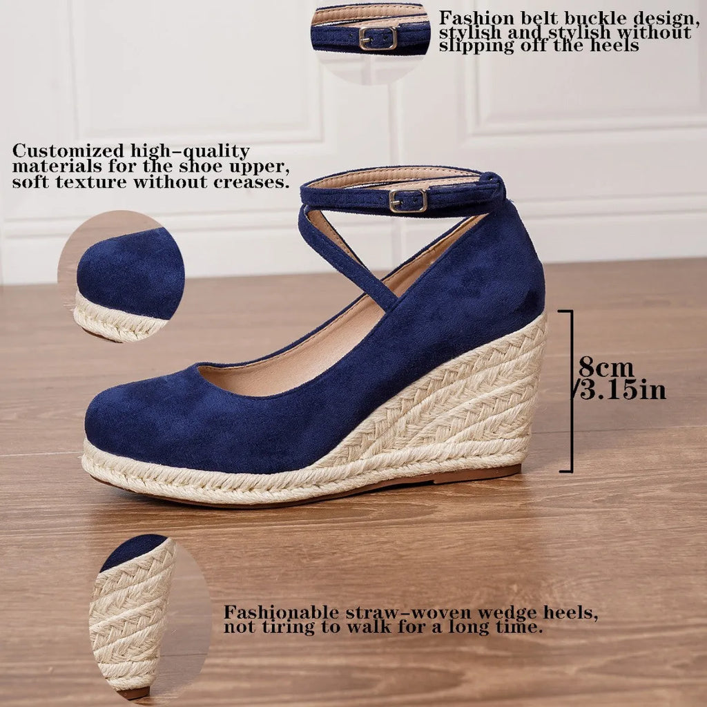 Dark blue suede straw woven wedge closed toe high heels with buckle fastening on a white background