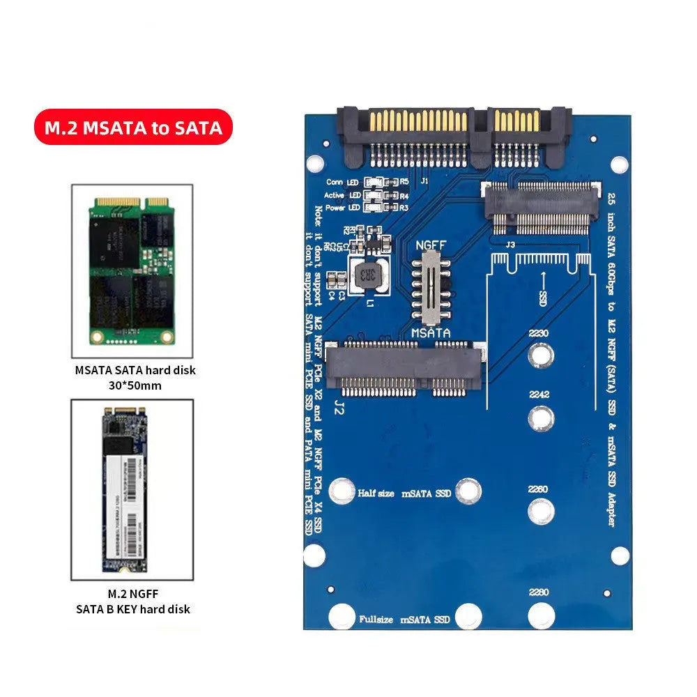SATA3 to M.2 NGFF mSATA SSD adapter conversion card on a blue background.