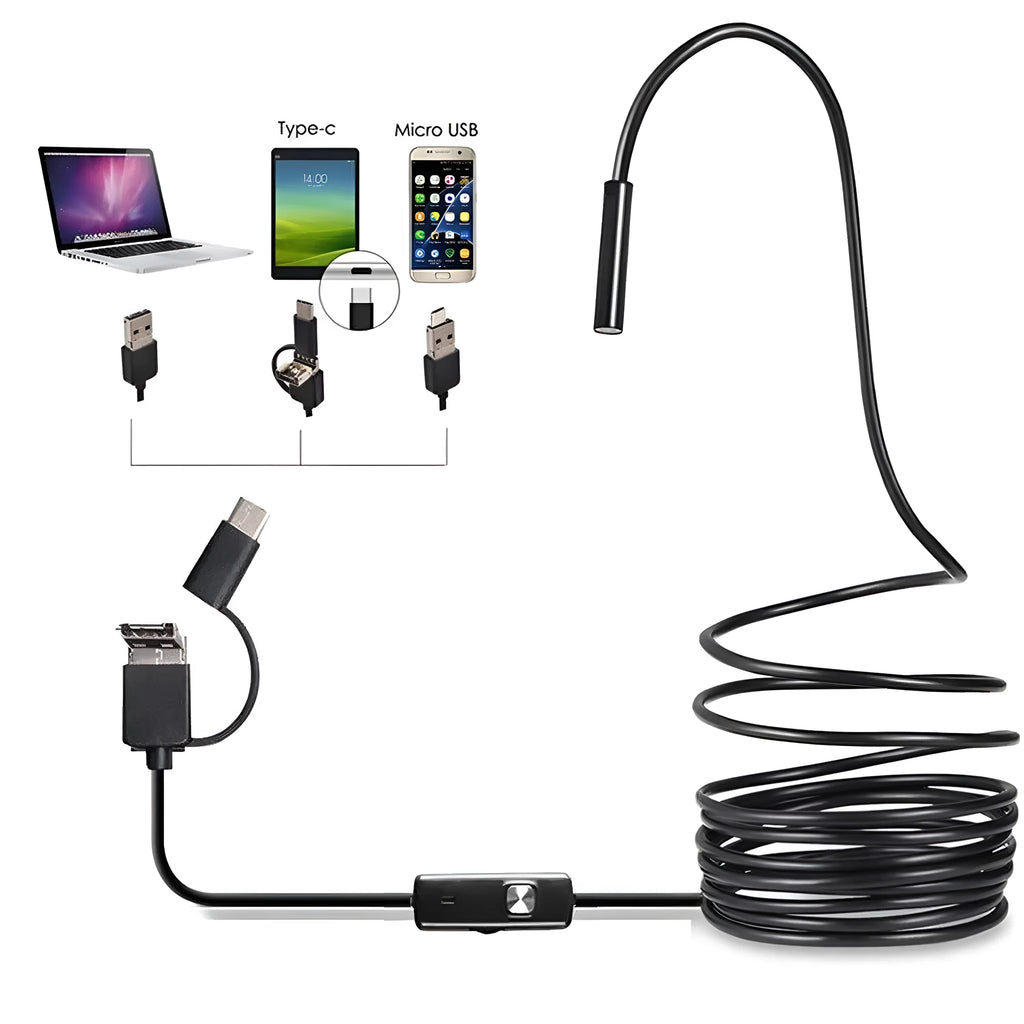 Android phone connected to a flexible endoscope camera with hook, magnet, and mirror attachments on a table.
