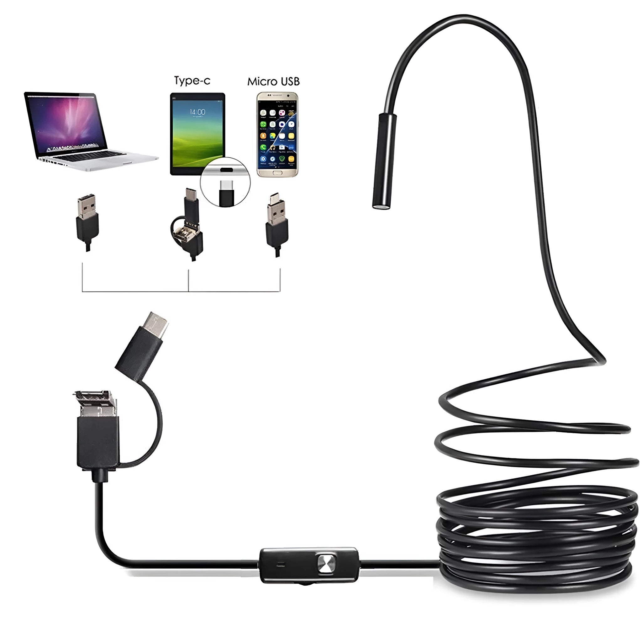 Android phone connected to a flexible endoscope camera with hook, magnet, and mirror attachments on a table.