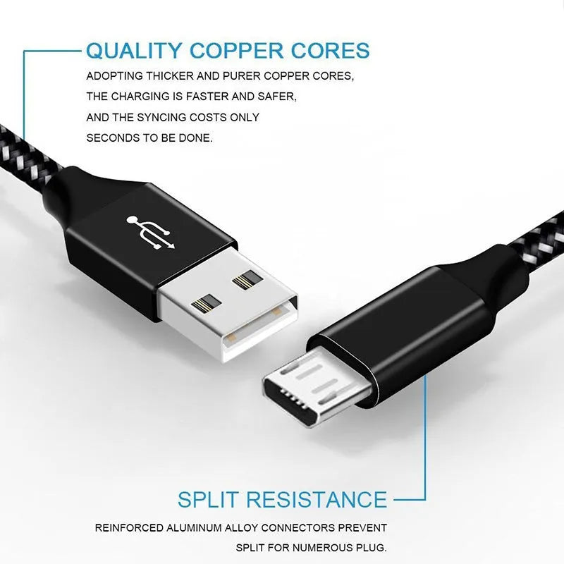 Braided Micro USB charging cable in black and white, shown coiled.