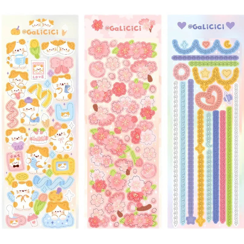 Cat cherry blossom decorative laser sticker with glitter star pattern, 6.5 x 18 cm, gold silver chain sticker
