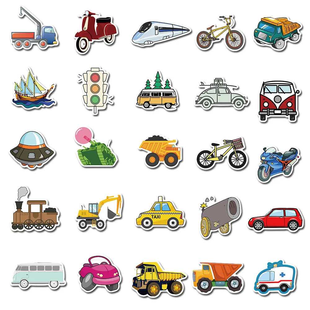 40 cartoon vehicle graffiti stickers in 4-6cm sizes with car and excavator designs for luggage and laptops