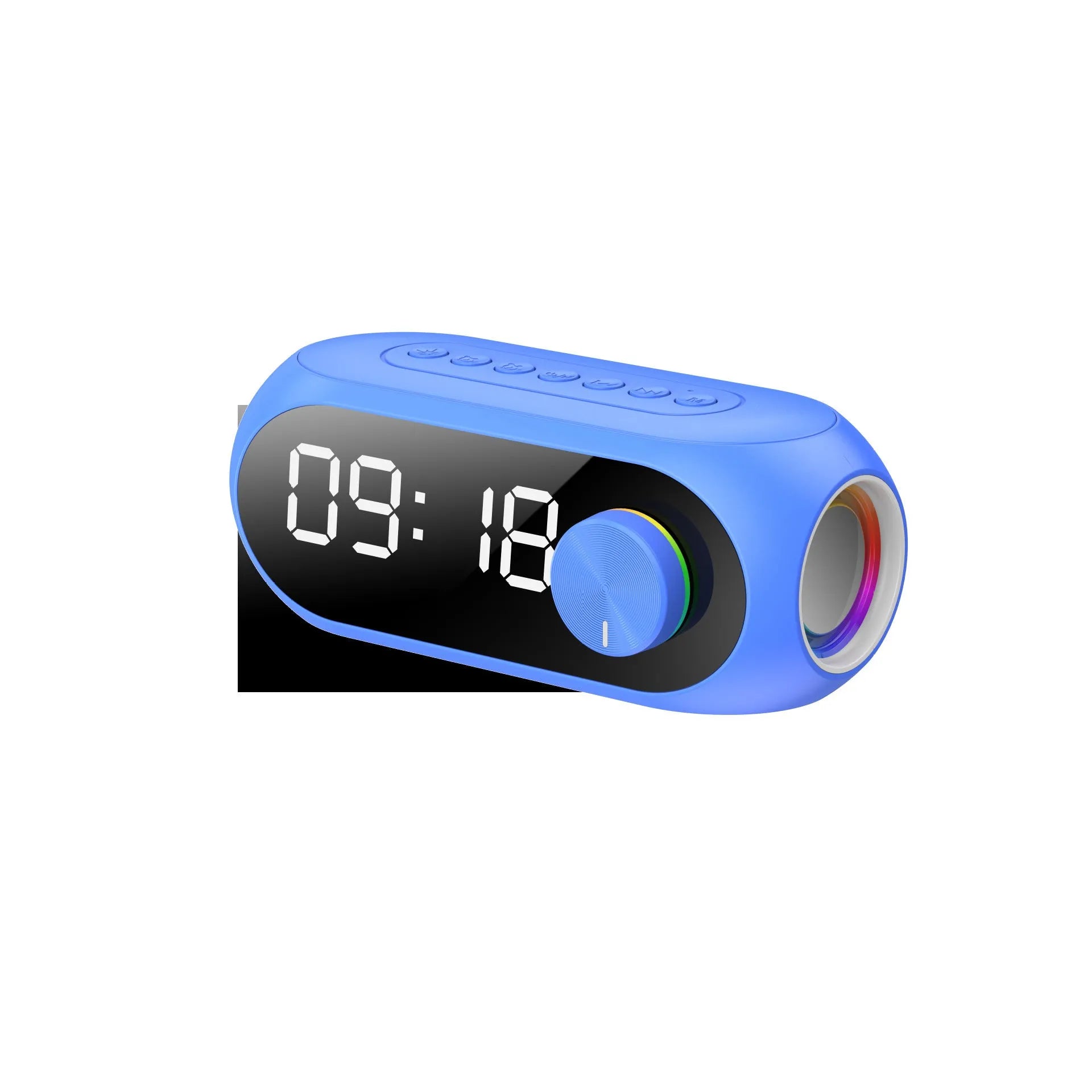 S8 Black extra bass portable mini bluetooth speaker with digital clock display on front.