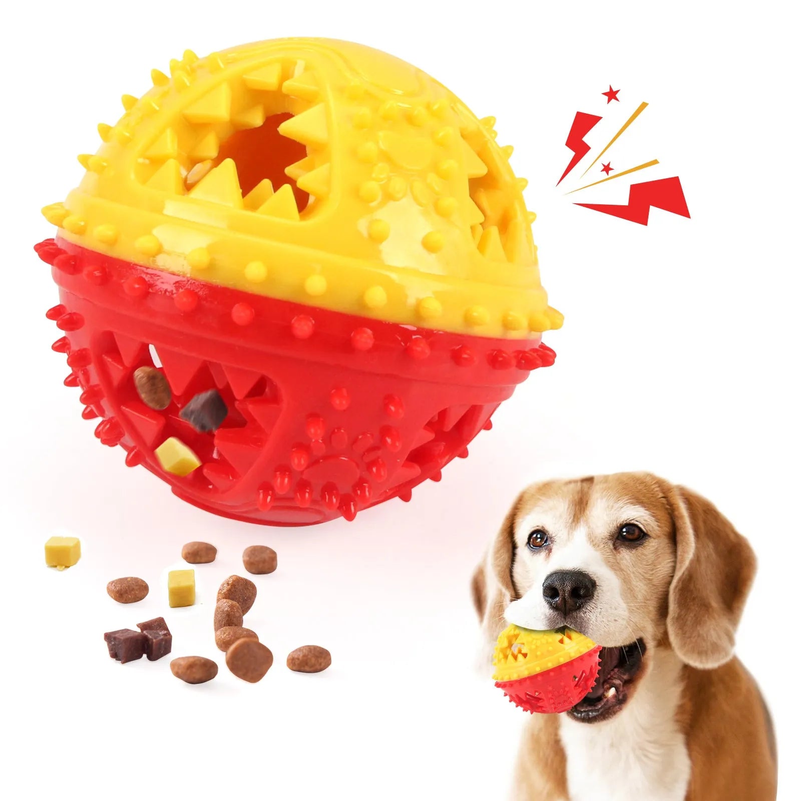Dog chew toy ball with red and yellow colour, 8.4 cm, featuring bell and treat leakage holes