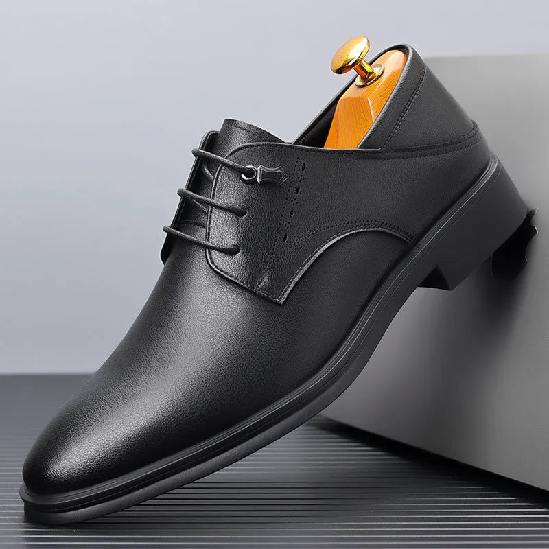 Men's black cow split leather pointed toe dress shoes with rubber sole on a white background